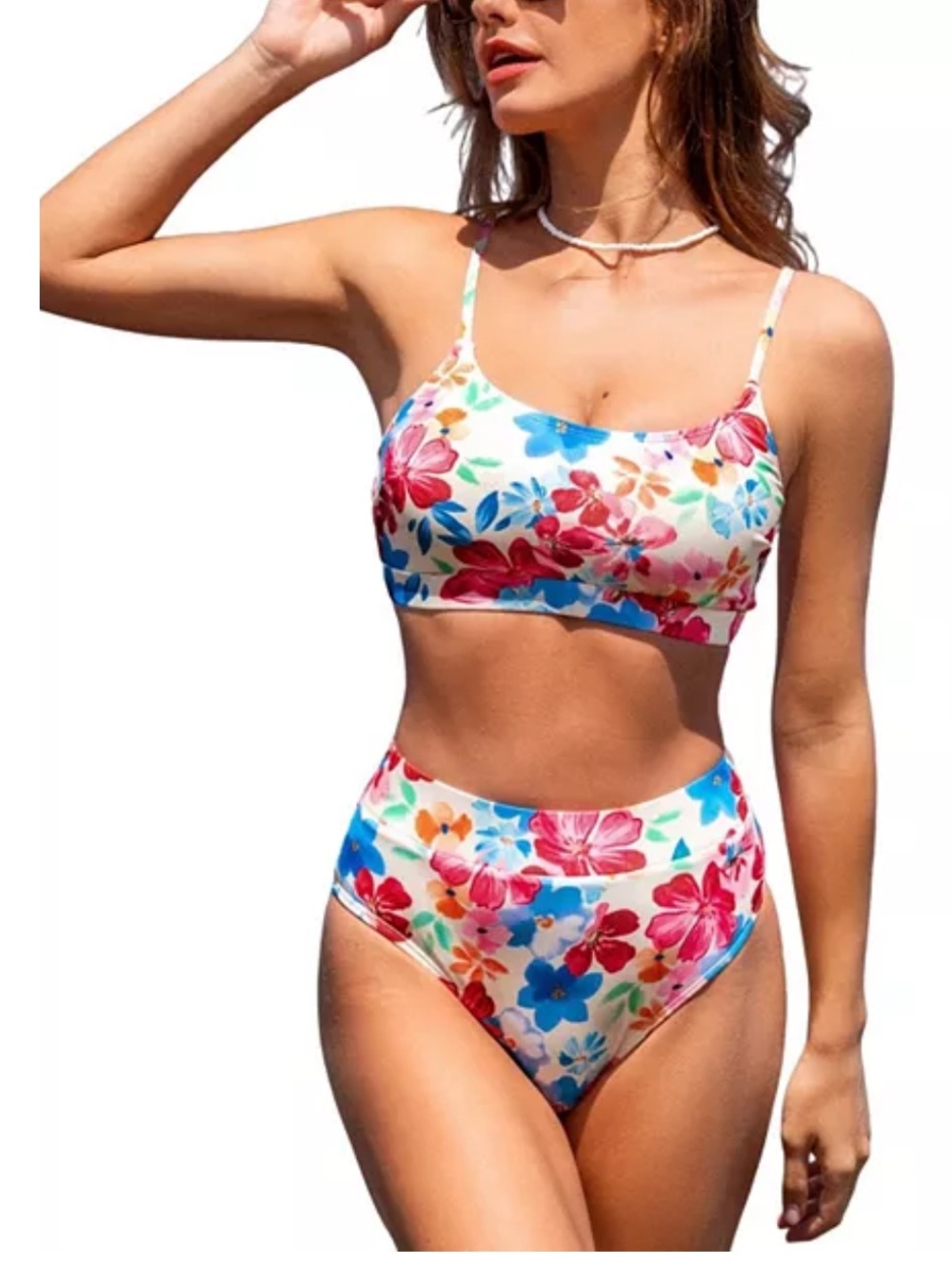 Cupshe White Floral High-Waist Bikini with Pink & Blue Blooms